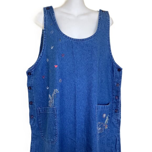 Denim Chambray Maxi Dress Jumper Noah's Ark Embroidery 90s Cotton Casual XL - Picture 8 of 8